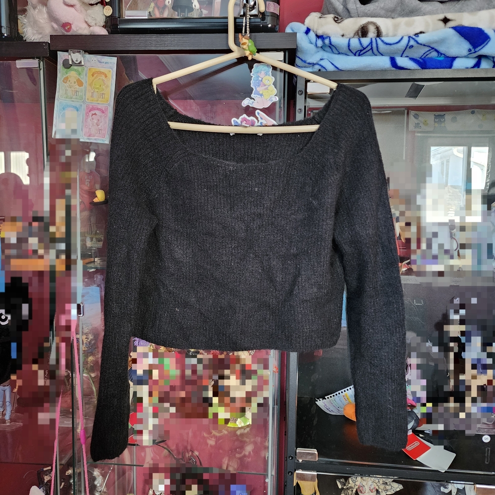 Express X Olivia Culpo Black Cropped Knit Long Sleeve Sweater